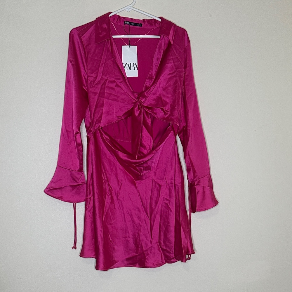 Zara Fuchsia Satin Tie-Front Dress